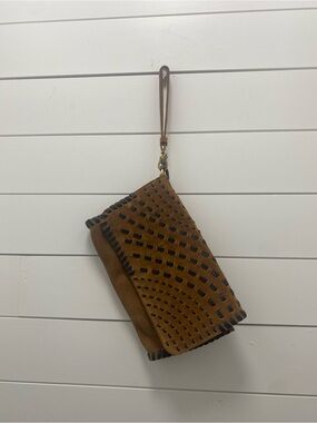 Linea Pelle Brown Suede Perforated Wristlet Clutch